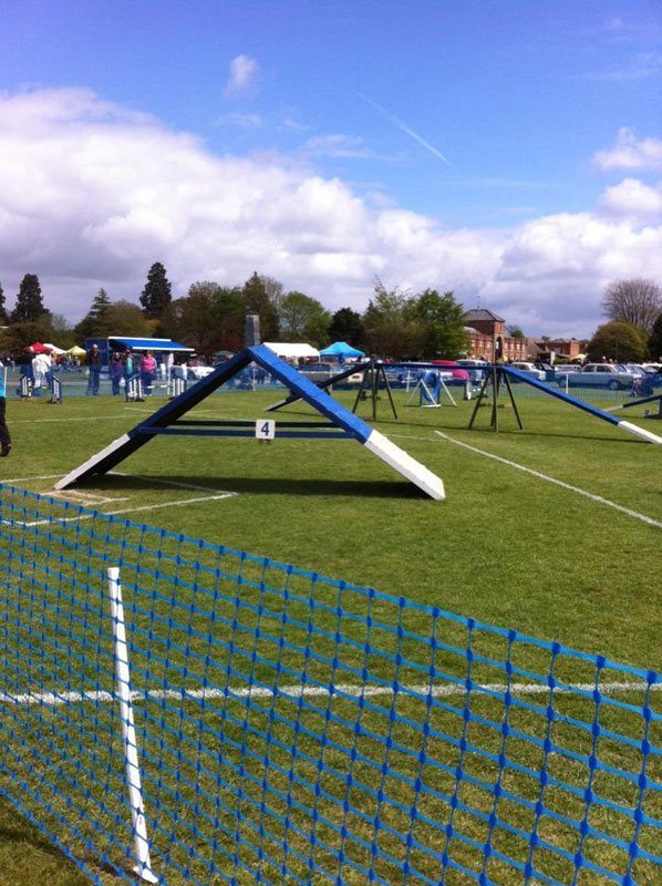 Photo of A-frame and dog walk setup at one of the Norfolk Dog Training Society Easter Shows